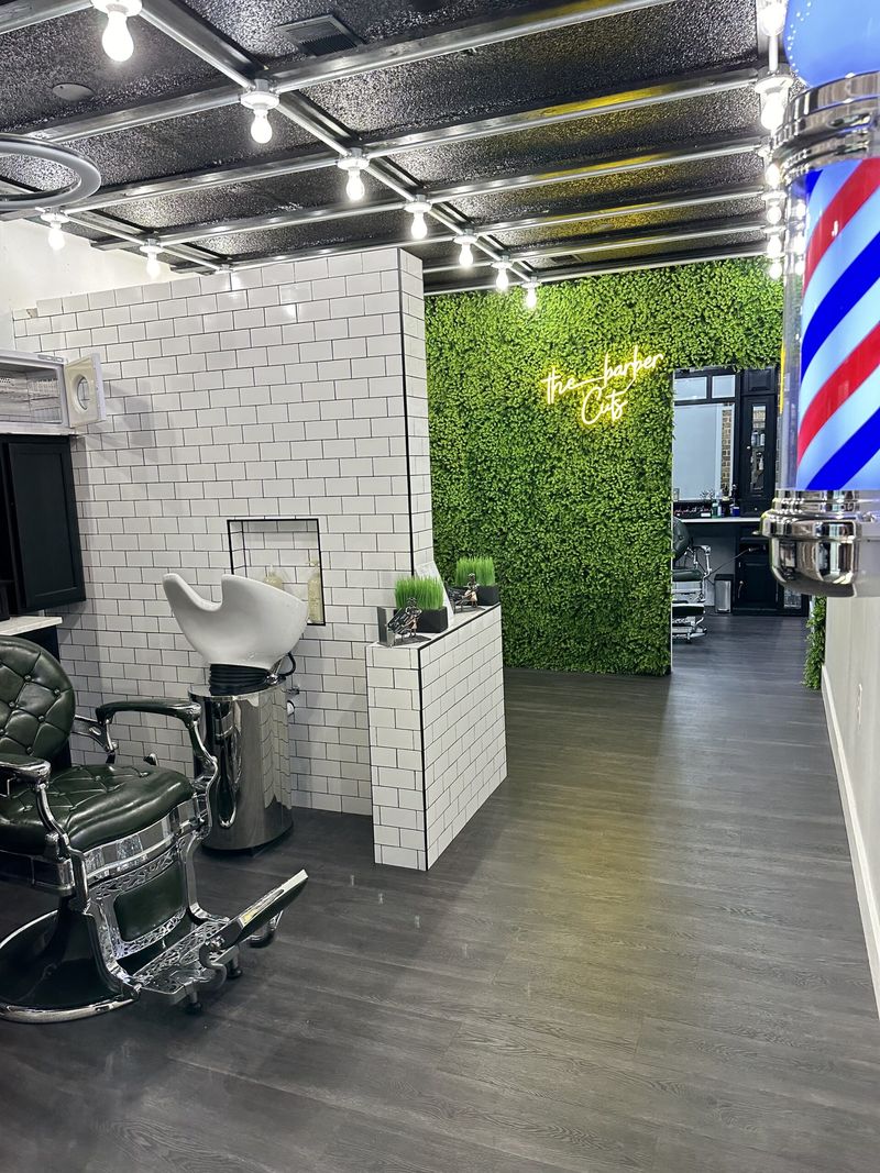 The Barber Cuts barber suite with a barber chair and green wall
